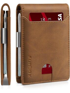 〽️Man Crazy Brown Leather Money Clip RFID Blocking Pocket Bifold Card Wallet